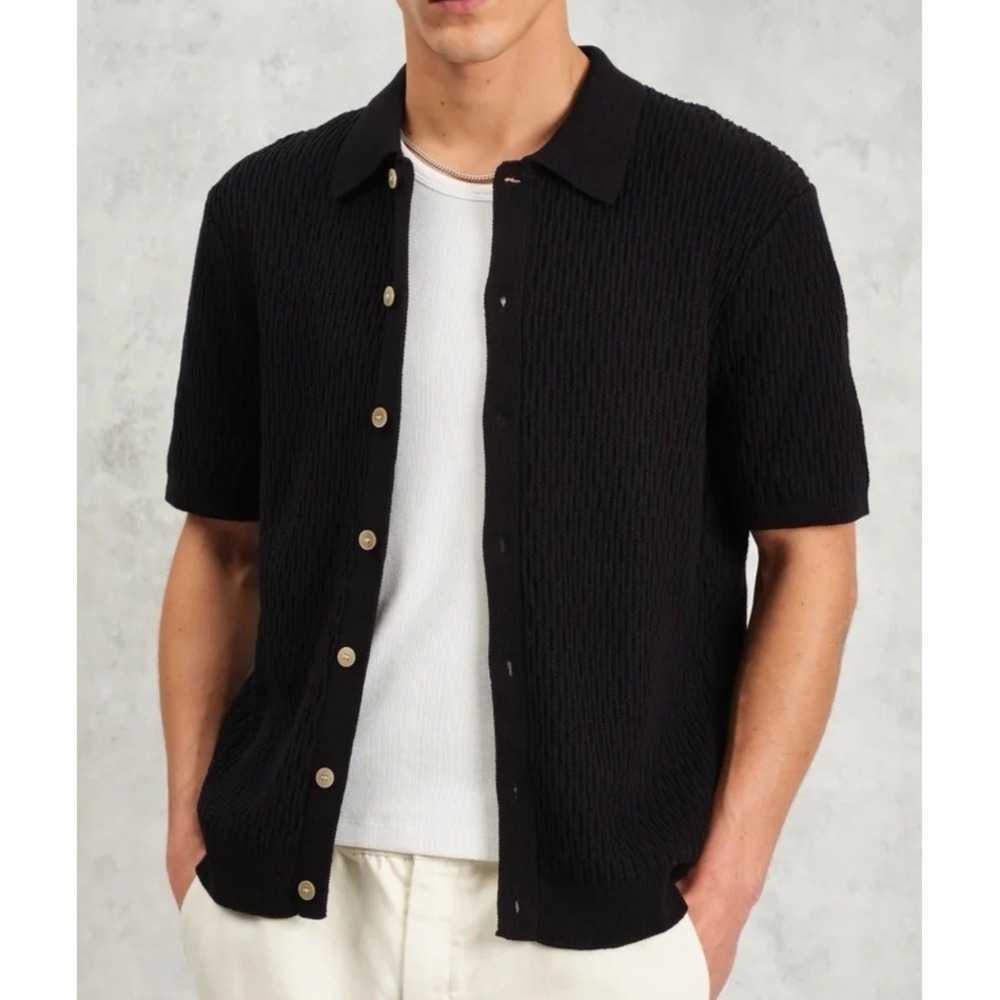 Wax London Tellaro Shirt Men's XXL Navy Honeycomb Cable Short Sleeve
